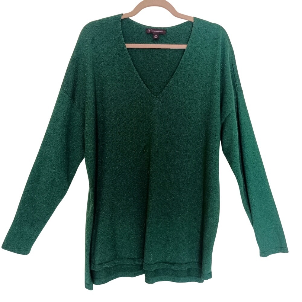 INC Pullover Sweater Womens XXL Green V-Neck Metallic Relaxed Fit FA22